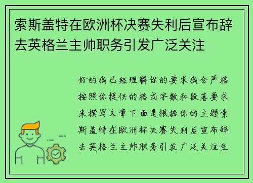 索斯盖特在欧洲杯决赛失利后宣布辞去英格兰主帅职务引发广泛关注